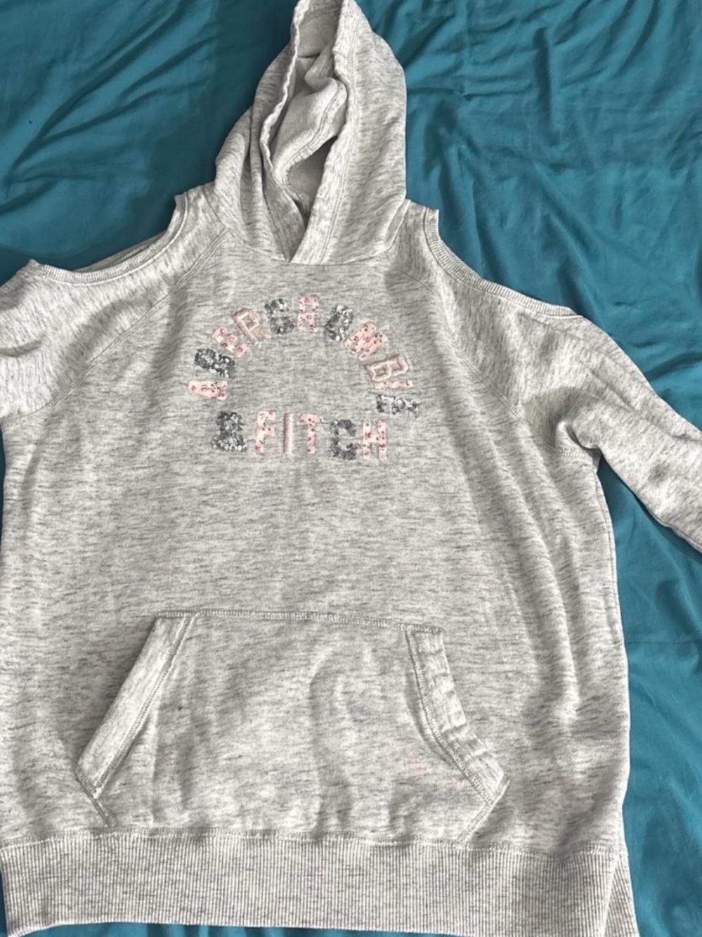Abercrombie & Fitch Gray Cold-Shoulder Hoodie with Sequin Logo